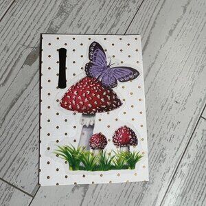 Original ACEO Art Card "I" Purple Butterfly & Red Mushrooms On Dotted White Back